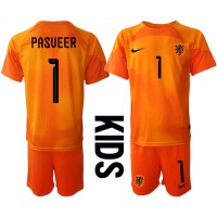Camiseta Países Bajos Remko Pasveer #1 Portero Visitante Equipación para niños Mundial 2022 manga corta (+ pantalones cortos)